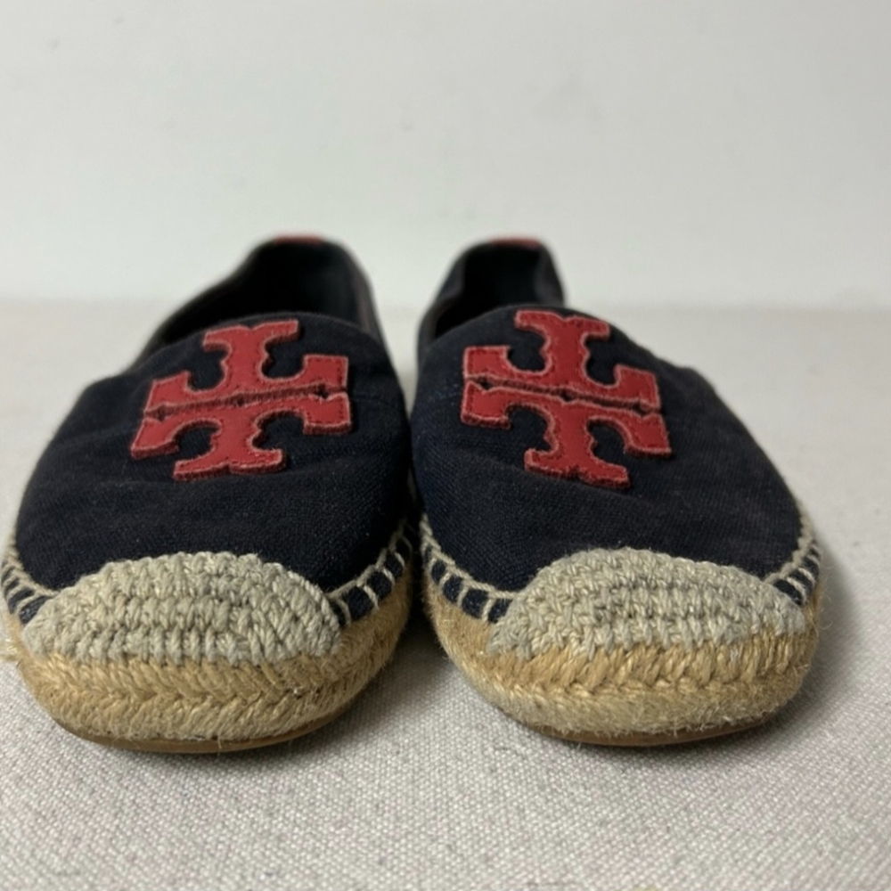Tory Burch Weston Espadrille Women’s 6 Navy Blue Canvas Red Logo Slip On Shoes - Picture 3 of 9